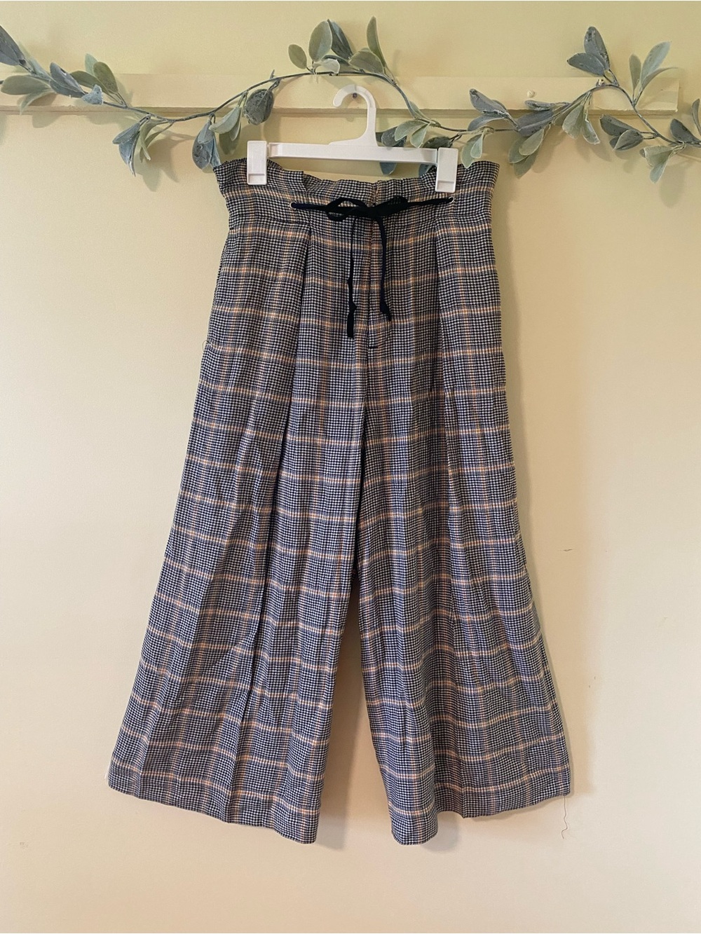 FP Wide Leg Plaid Lightweight Paperbag Cropped Pants